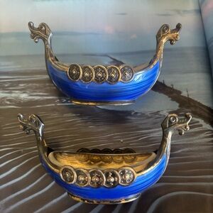 Pair of Norway Sterling Silver and Enamel Viking Ship Salt Cellars
